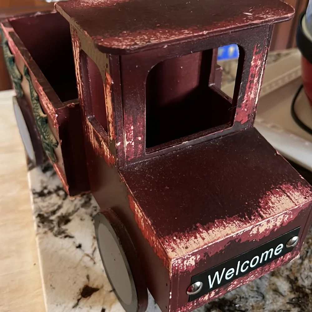 Holiday decor wooden trick with Christmas tree accents